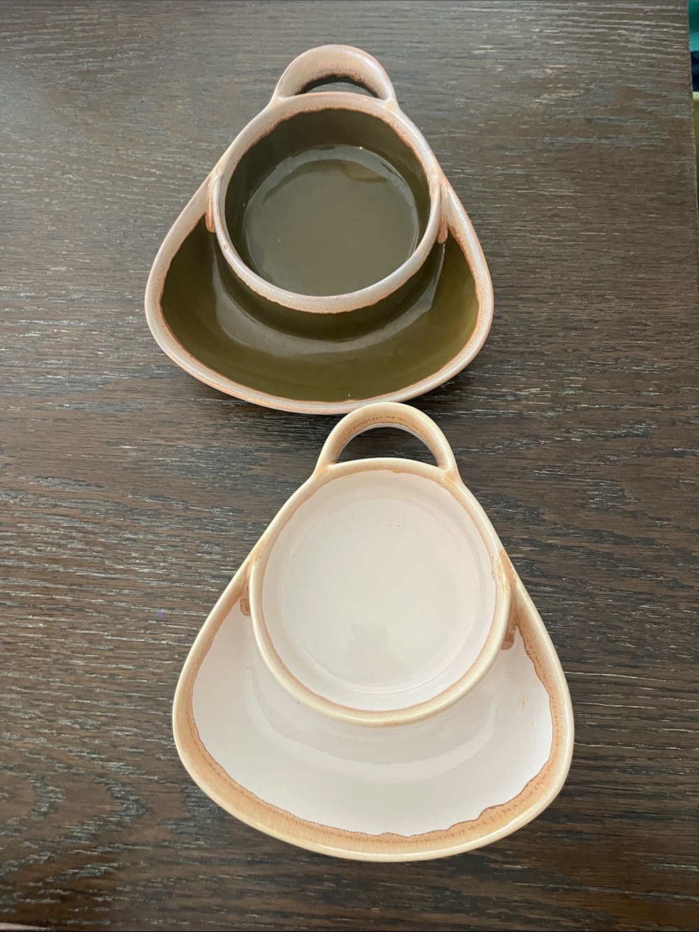 2/$20 Cream and  olive green stoneware soup and cracker bowls with a drip glaze